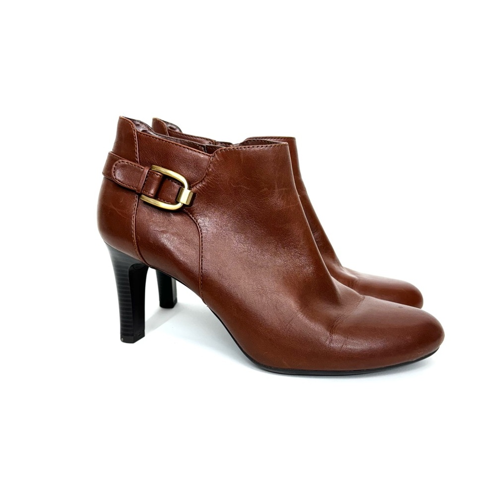 Bandolino B Flexible Layita Brown Cognac Leather Gold Buckle High Heel Booties